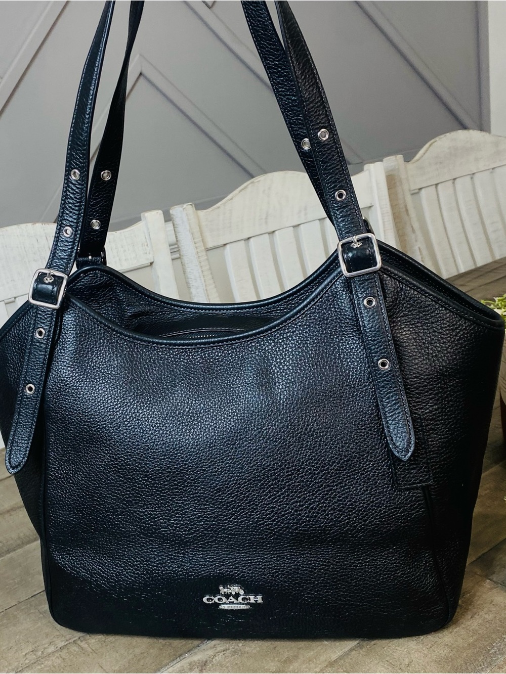 COACH Meadow Shoulder Bag Black Refined Pebble Leather Tote Silver HW CM074 - Picture 7 of 15